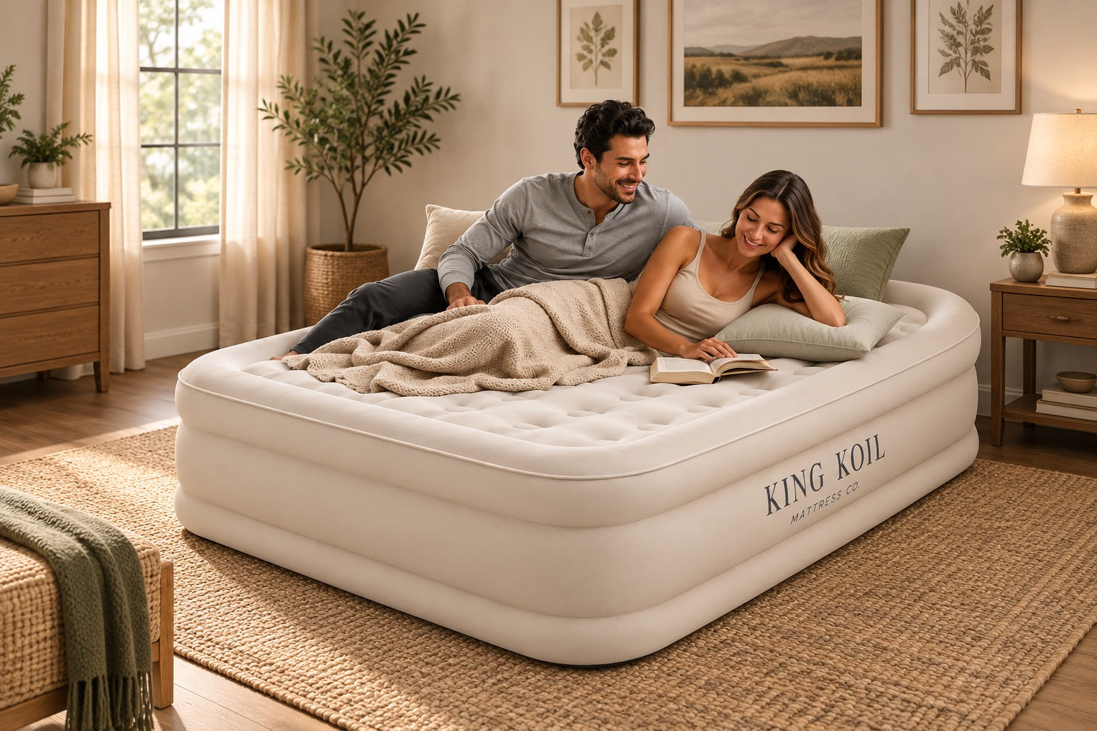 Beige Queen King Koil airbed styled in a guest room