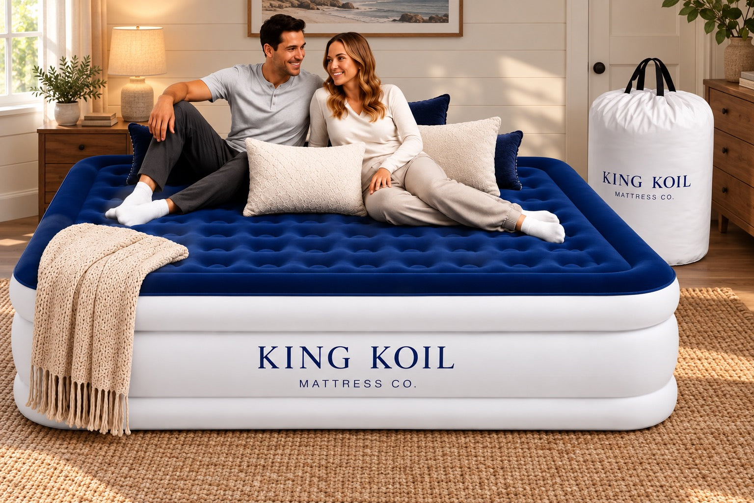 Blue Queen King Koil bed ready for guests