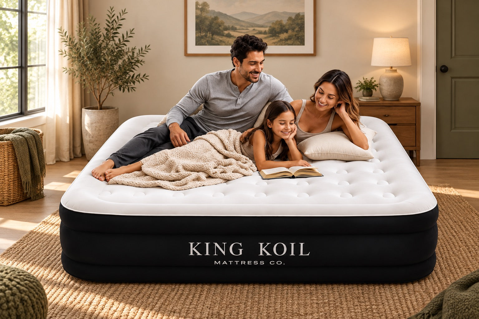 Black Queen bed in a room