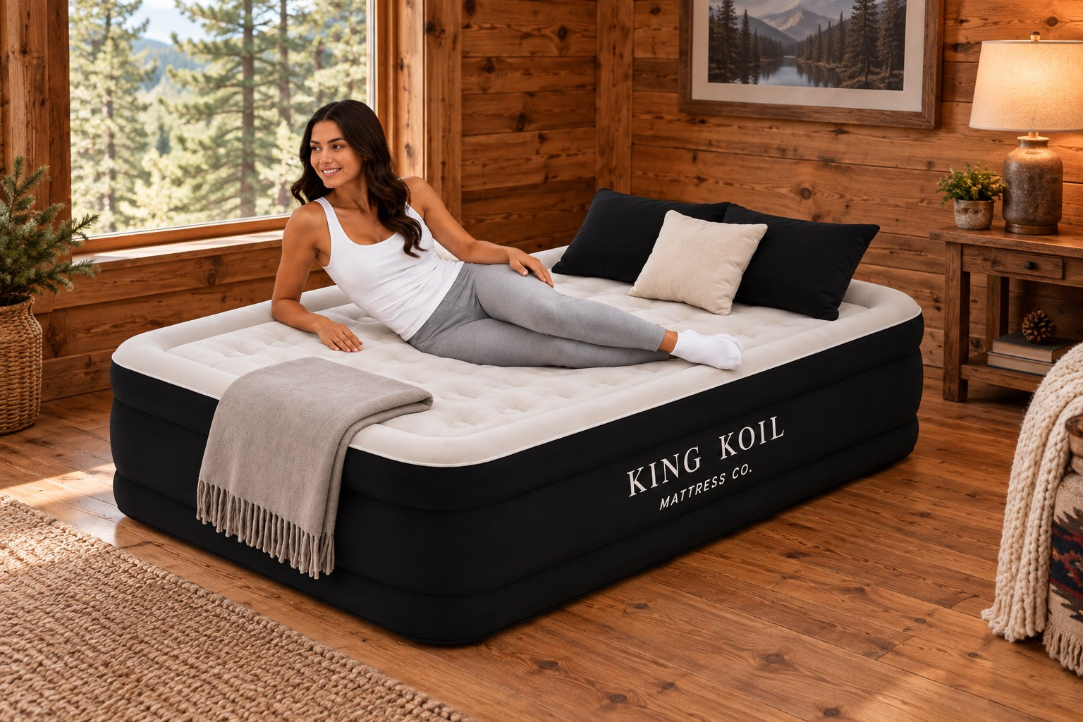 Low-profile King Koil bed in a camping setting