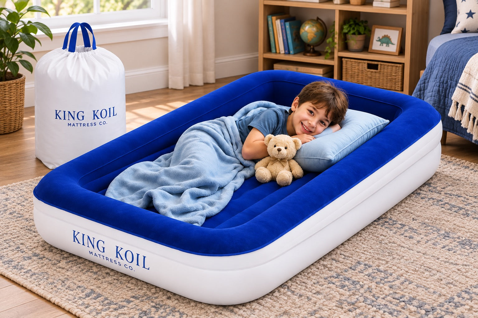 Blue kids’ King Koil bed in a bedroom